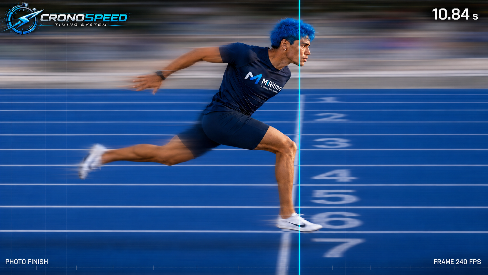 CronoSpeed photo finish — atleta cruzando la línea de meta a 240 fps con tiempo 10.84s